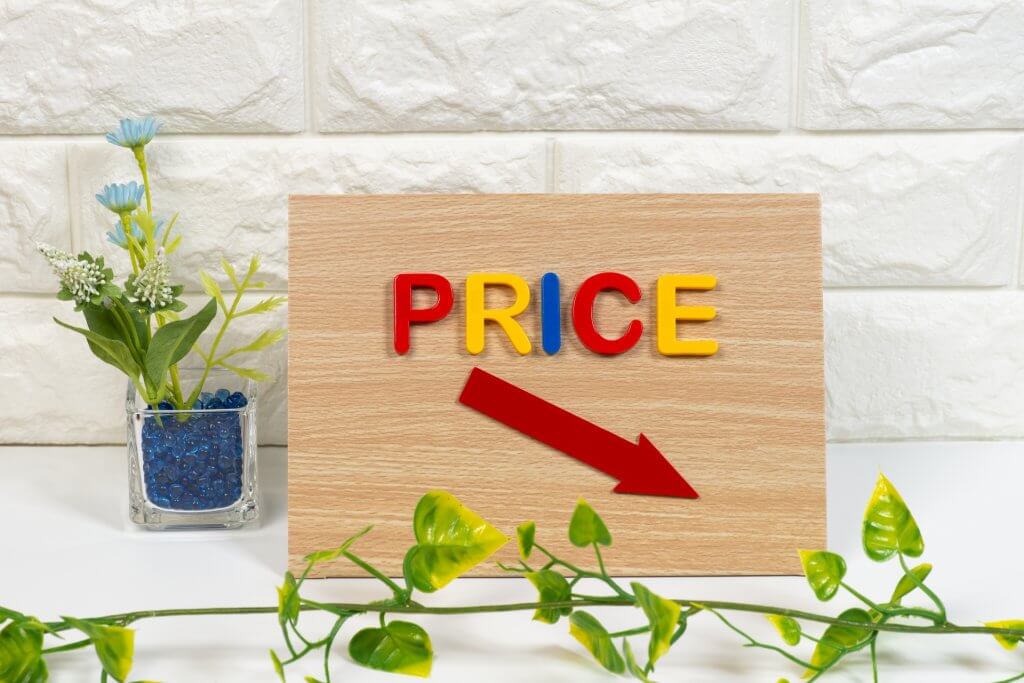 priceという文字や右下をさしている矢印やグリーンの装飾品